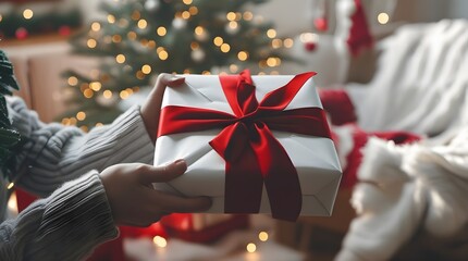 Couple exchanging christmas gift with red bow on background of christmas tree with lights. Stylish couple hands holding present with red ribbon close up