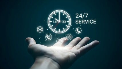 Hand reaching for 24 7 service clock with support icons