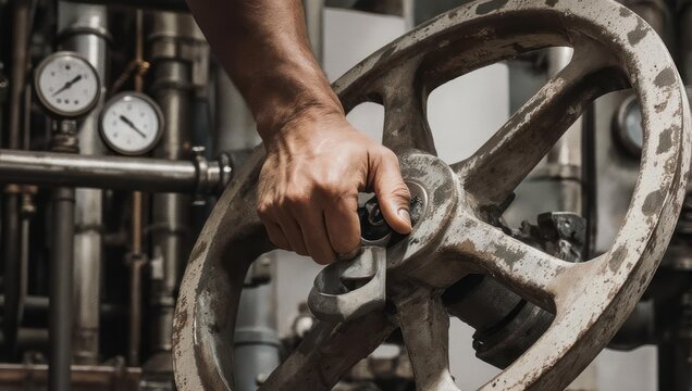 Close up of a workers hand turning a large industrial valve wheel in a factory. - Powered by Adobe