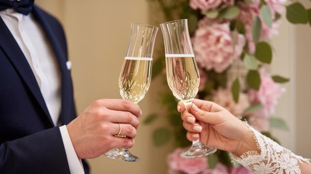 Close-up of a bride and groom making a champagne toast. The couple&rsquo;s hands, wedding rings and outfits are visible. Floral background. Romantic celebration scene.