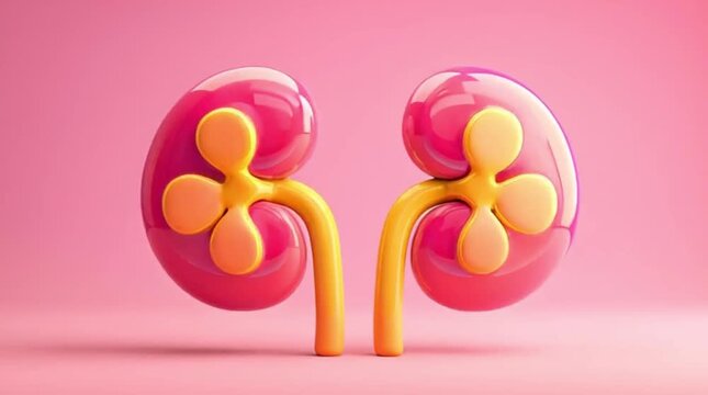 Cute cartoon kidneys renal system pink background 3D rendering medical
