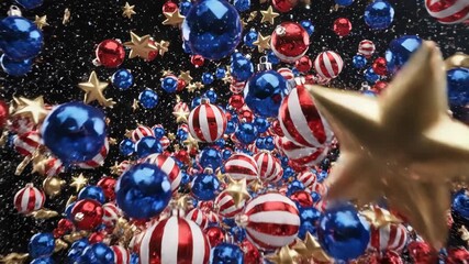 Explosion of patriotic christmas ornaments in red, white, and blue colors with gold star confetti against a dark background - Powered by Adobe