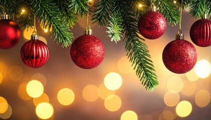 Festive red Christmas ornaments hanging on evergreen branches with golden bokeh lights.