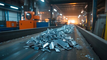 Obraz premium Pile of shredded metal on a conveyor belt in a factory