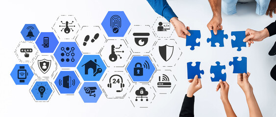 Home security icons show smart home, surveillance, and safety devices. Home security ensures...