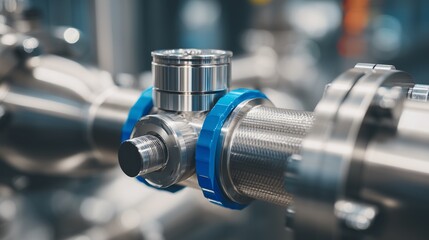 Fototapeta premium Close-up view of a modern stainless steel valve in an industrial setting, highlighting functionality and precision