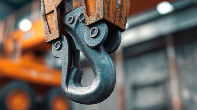 Heavy duty crane hook ready for lifting in industrial warehouse setting during daytime operations - Powered by Adobe