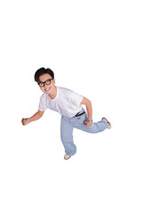 Enthusiastic Leap: A cheerful individual is captured mid-stride, showcasing a sense of vibrancy and determination. 
