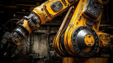 Industrial robotic arm designed for manufacturing tasks in a factory setting with heavy machinery and tools in the background