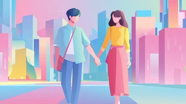 Couple walking hand in hand in a vibrant pastel city illustration
