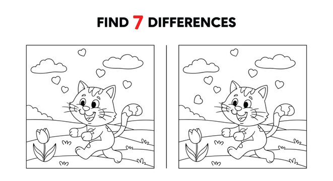 Find seven differences educational picture puzzle for kids, with a coloring page of a cute cat running in a field.