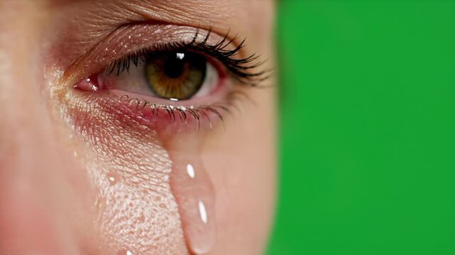Sad woman crying with tears in eye on green screen background. Teardrop on face. Drama, depression concept