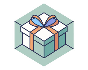 Obraz premium minimal gift box with ribbon bow, geometric square shape, clean thin outlines, soft muted colors, modern scandi aesthetic, isolated on white background, vector flat design 