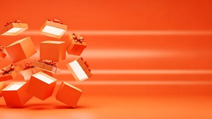 Vibrant winter holiday gift boxes arranged in motion on bright white, red, yellow, and orange backgrounds, leaving wide blank areas for seasonal titles, greetings, or promotional messages.
