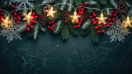 Festive christmas garland with star lights red berries and pine cones on a dark background