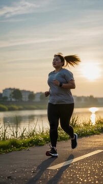 An overweight young woman is running along a riverside path at sunrise, dressed in athletic clothing and a smartwatch. She is focused on weight loss and healthy lifestyle. Morning motivation.