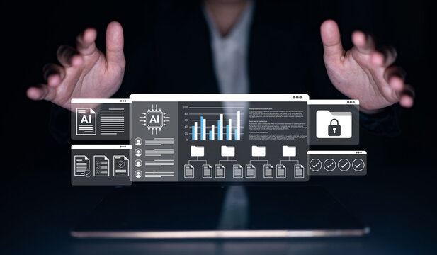 Image depicts hands gesturing over a digital interface showcasing metrics, files, and security symbols, symbolizing the intersection of artificial intelligence and data analysis. Gantry