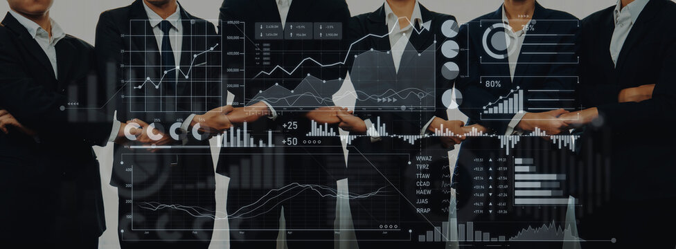 A professional team stands confidently, presenting business analytics with engaging graphs and charts. Ideal for corporate strategy, finance, or marketing visuals. Scalp