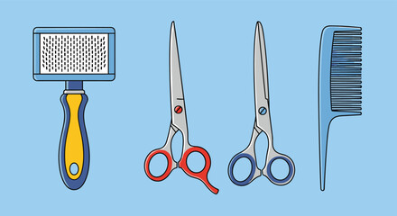 Set of pet grooming tools including a slicker brush, two types of scissors, and a comb on a blue background.