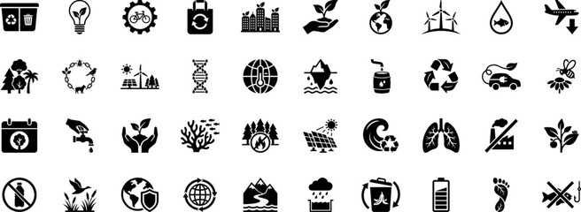 Comprehensive Eco & Environment Icon Pack: A collection of solid glyphs for sustainability, climate change, renewable energy, and nature conservation projects