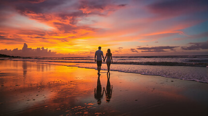 Romantic Sunset Stroll: A couple strolls hand-in-hand along the sandy shore, their silhouettes framed by the vibrant hues of a breathtaking sunset over the ocean. It captures the essence of romance.