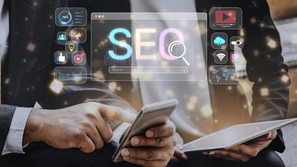 SEO concept for improving SEO visibility, with SEO related digital tools and SEO performance icons shown in an focused layout for strategic marketing. Muxer
