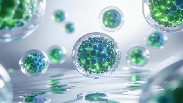 透明な膜に包まれた緑の美容成分ボールが回転するループ動画｜スキンケア成分・ヒアルロン酸・美容液イメージに最適な3Dモーション（Looping 3D animation of a glossy green cosmetic molecule rotating inside a transparent membrane for skincare and serum visuals）