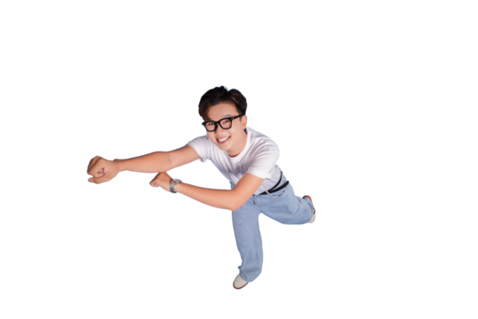 Playful Leap: A young man embodies pure joy as he leaps and soars, his expression radiating energy and boundless freedom.