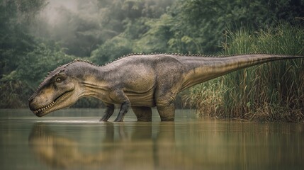 Obraz premium Tyrannosaurus Rex Wading Through Misty Marsh