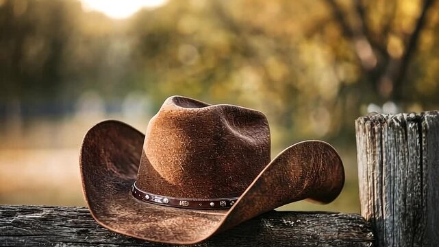 A brown cowboy hat rests on a wooden fence in a rural setting. The background features blurred greenery and warm sunlight.