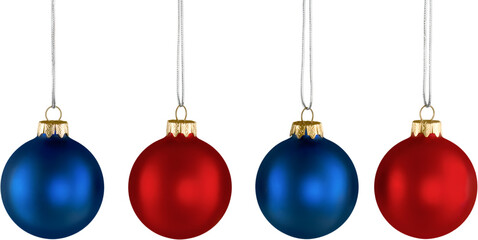 Row of Four Hanging Red and Blue Christmas Ball Ornaments Decorations