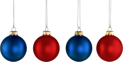 Row of Four Hanging Red and Blue Christmas Ball Ornaments Decorations