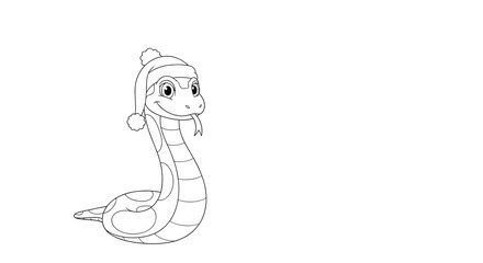 Fototapeta premium Simple coloring page of a cute cartoon snake wearing a festive winter Santa hat, with a smile and tongue out.
