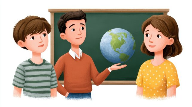 Three children engage in a discussion around a globe in a classroom setting, promoting learning and curiosity about geography and the world.