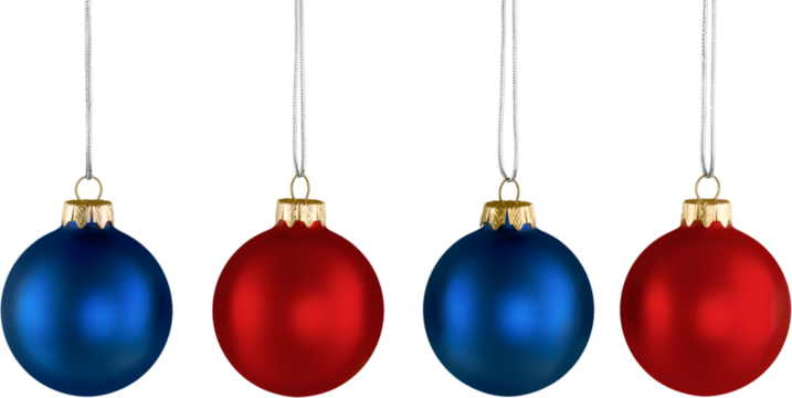 Row of Four Hanging Red and Blue Christmas Ball Ornaments Decorations