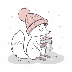 Cute white fox wearing a pink beanie and drinking from a cup
