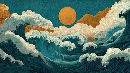 Majestic Ocean Waves with Golden Sun Illustration Asian Inspired Art