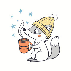 Cute cartoon fox wearing a beanie holding a warm mug of coffee