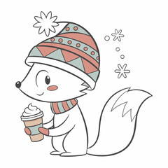 Cute cartoon arctic fox in winter hat and scarf holding a hot drink