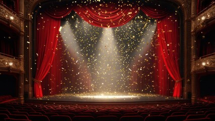 Grand theater stage with red curtains and golden confetti