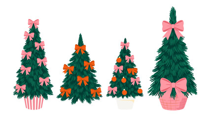 Collection of four stylized christmas trees decorated with colorful bows in pink and orange, isolated on