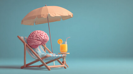 A relaxed brain enjoying a vacation in a beach chair with an umbrella and drink