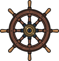 Detailed Illustration of a Classic Wooden Ships Steering Wheel.