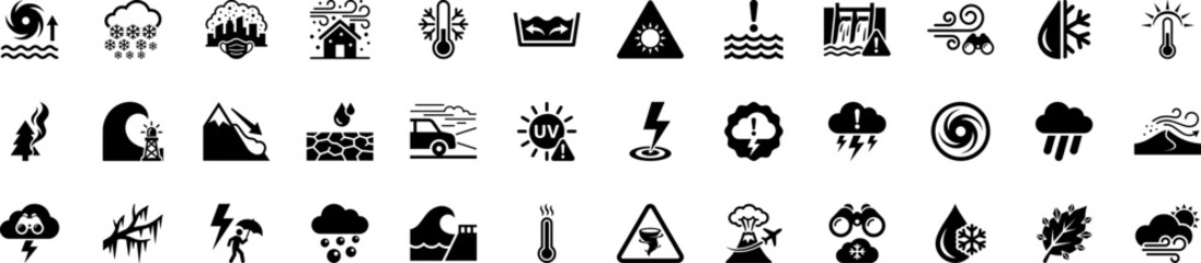 Fototapeta premium A comprehensive glyph icon pack depicting natural disasters, extreme weather events, climate change effects, and public safety warnings for emergency preparedness