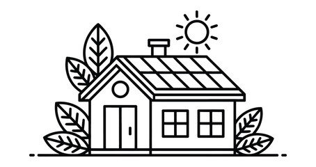 Obraz premium Eco Friendly House with Solar Panels — Sustainable Home, Renewable Energy, Green Building Line Art Vector