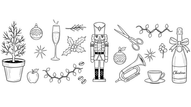 Collection of hand drawn christmas and holiday elements including nutcracker, champagne, tree, ornament, light, and music instrument isolated on