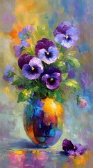Captivating pansies floral arrangement oil painting with vibrant colors and textures