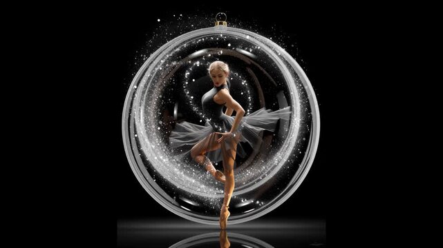 A ballerina spins gracefully as the glowing ring around her transforms into a Christmas ornament, enclosing her in a magical sphere. This video is ideal for holiday themes, dance visuals, and festive 