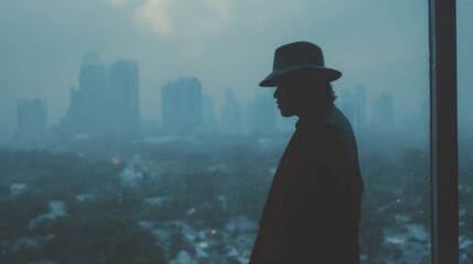 A moody scene of a solitary figure at a rain soaked window watching the blurred city lights embodying isolation and deep reflection.