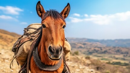 Obraz premium A close-up of a brown horse with a saddle in a mountainous landscape, showcasing its expressive features against a bright blue sky.